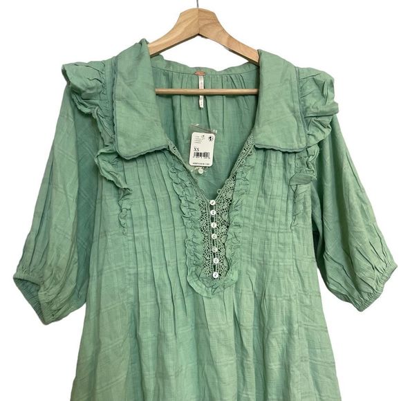 Free People Elora Mini Dress Mermaids Tail Puff Sleeve Lace Boho Peasant Size XS - Picture 7 of 16